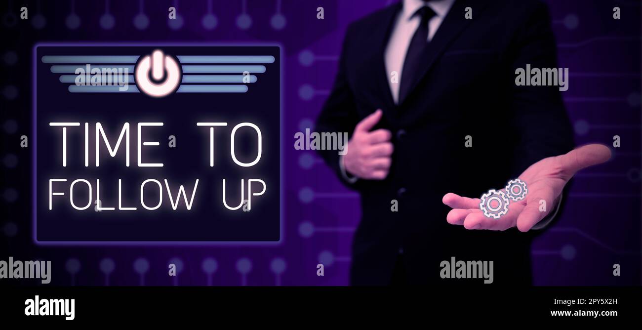 Didascalia di testo che presenta il tempo di follow-up. Parola scritta su richiesta dell'attività precedente o continuazione delle informazioni Foto Stock