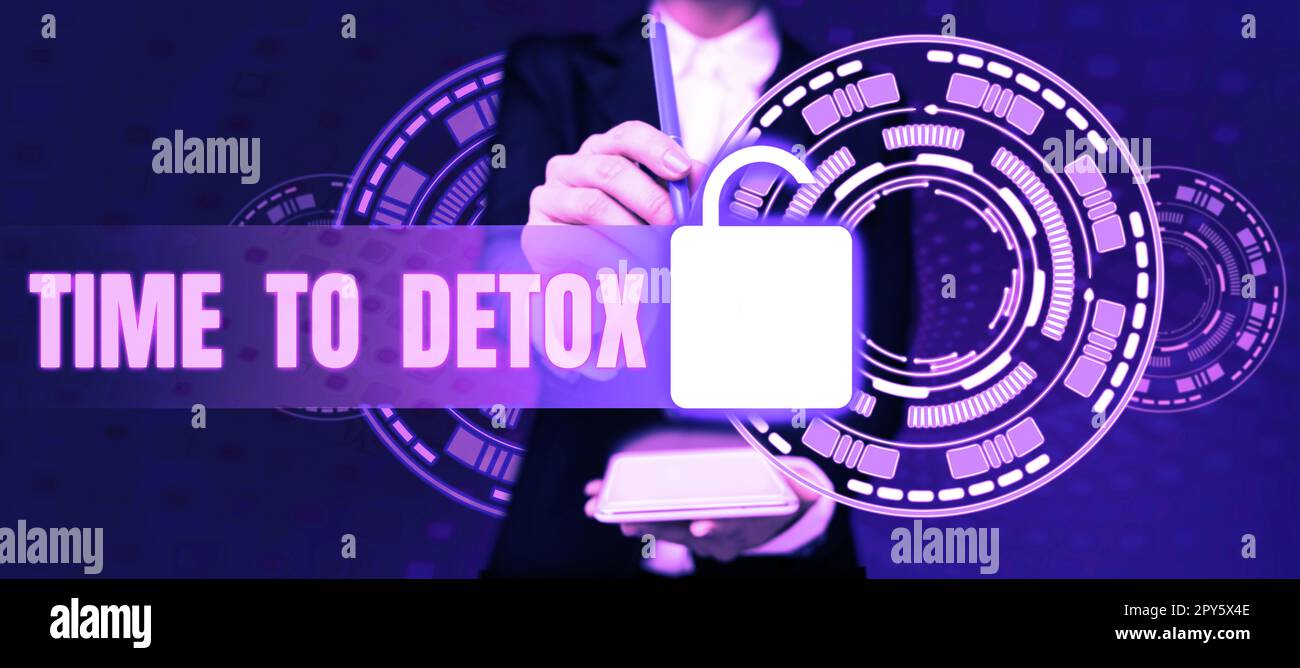 Segno che mostra il tempo a Detox. Parola per momento per la salute di nutrizione di dieta il trattamento di dipendenza pulisce Foto Stock