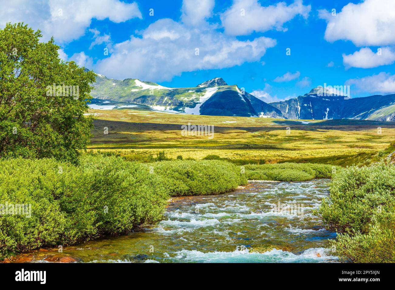 Bella montagna e panorama paesaggio con la natura incontaminata fiumi laghi  e rocce pietre nel Parco Nazionale Rondane Ringbu Innlandet Norvegia in Scan  Foto stock - Alamy