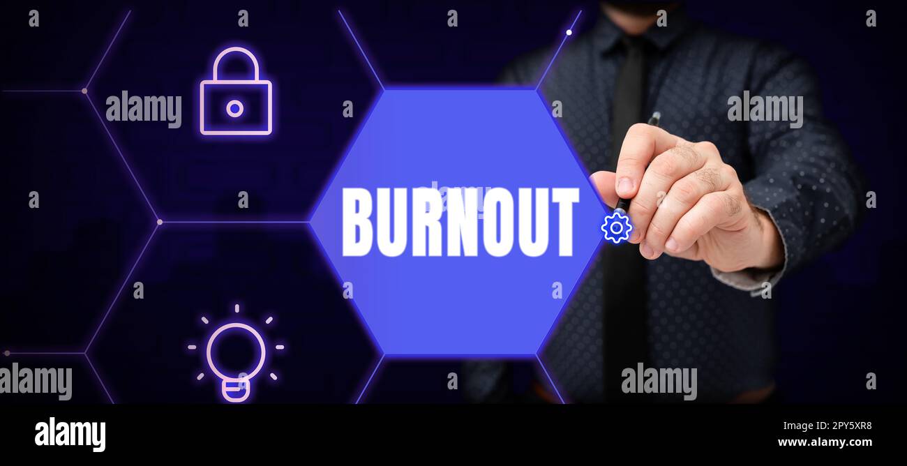 Scrittura a mano del testo Burnout. Parola per la sensibilità dell'esaurimento fisico ed impressionabile affaticamento cronico Foto Stock