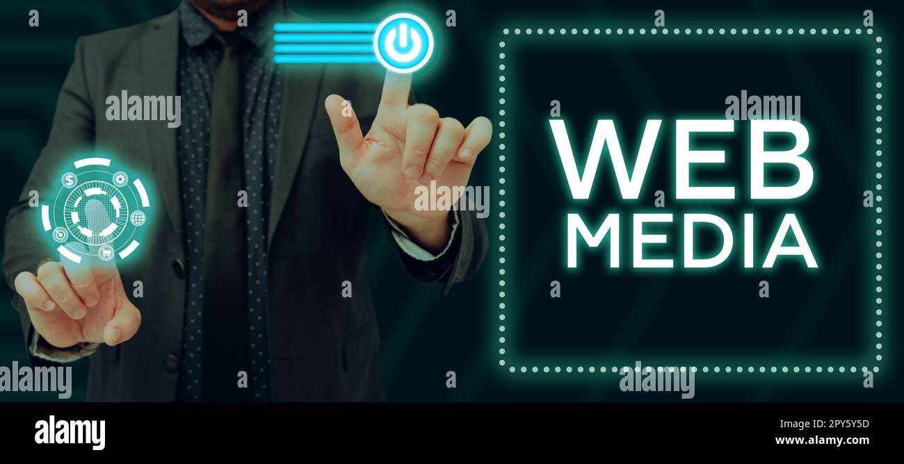 Scrittura manuale di testo Web Media. Business concept forme di comunicazione audio e video presentate sul web Foto Stock