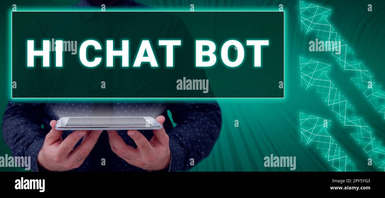 Didascalia di testo che presenta Ciao Chat Bot. Concetto che significa saluto alla macchina robot che risponde a un messaggio inviato Foto Stock