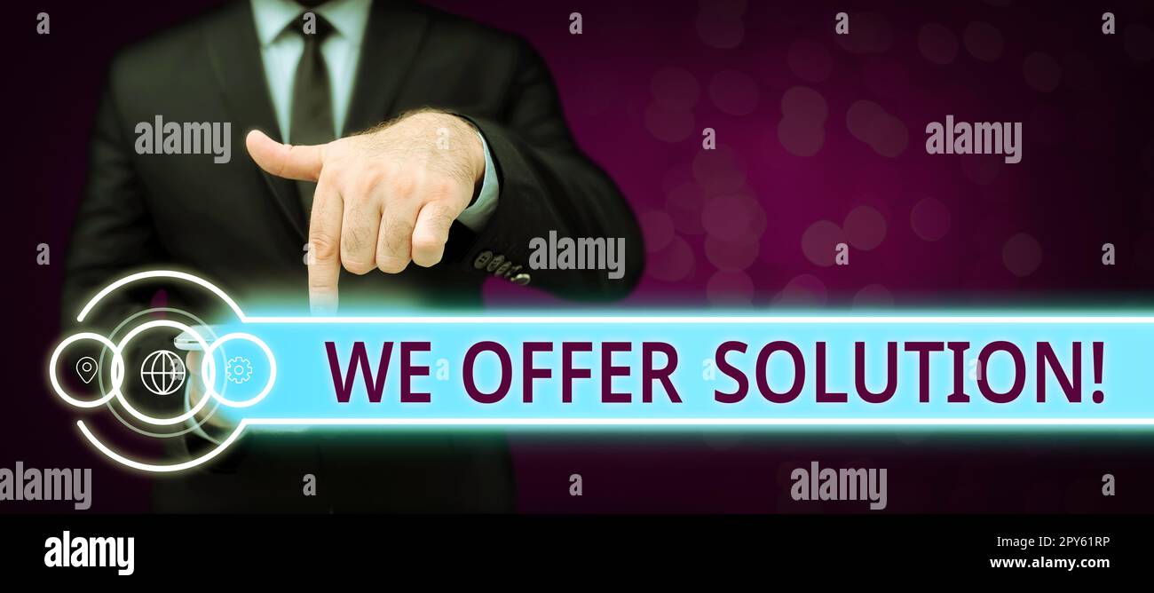 Esposizione concettuale Offriamo la soluzione. La foto concettuale fornisce i mezzi per risolvere il problema o per affrontare la situazione Foto Stock