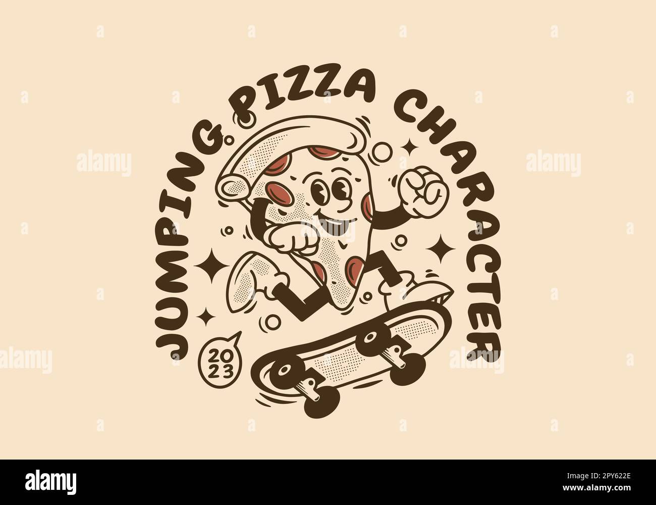 Mascotte vintage carattere design di pizza jumping su skate board Illustrazione Vettoriale