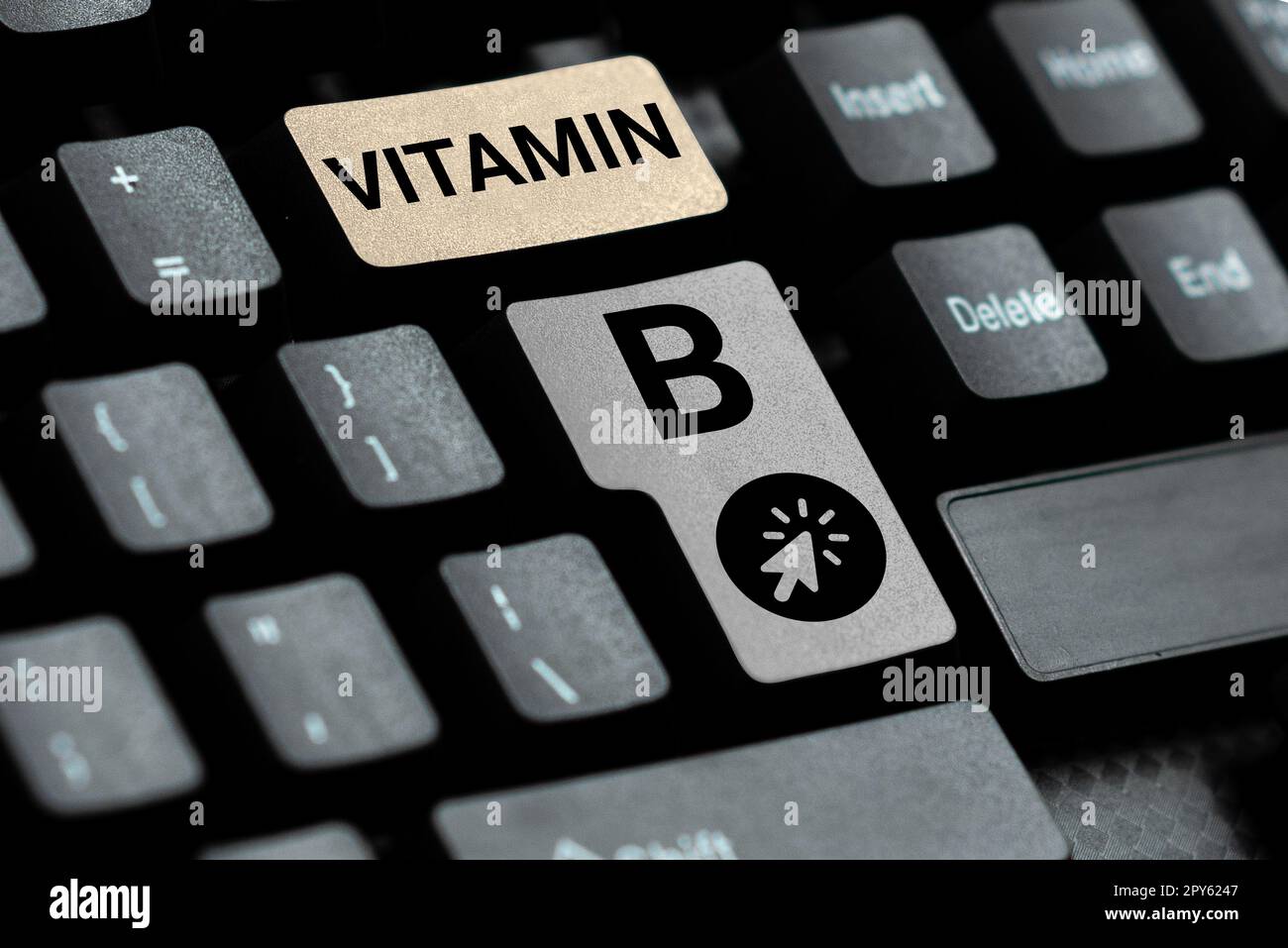 Testo che mostra ispirazione Vitamina B. Parola per nutriente che aiuta a mantenere il nervo corporeo e le cellule del sangue in buona salute Foto Stock