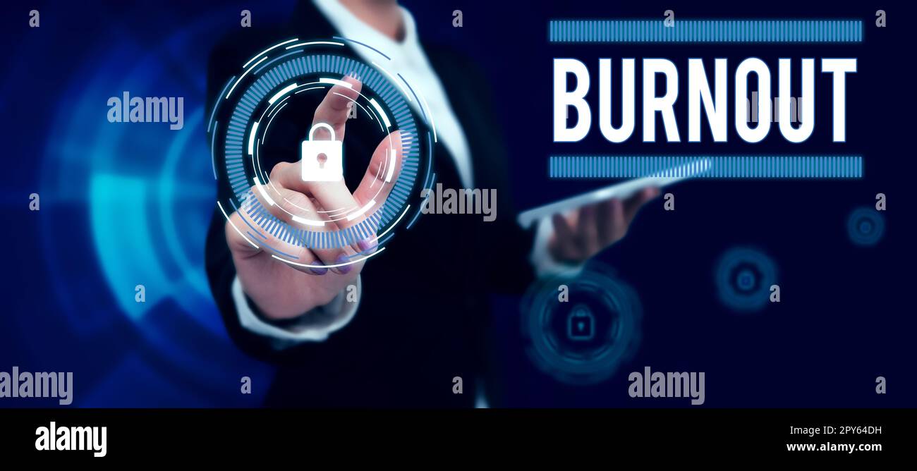 Segno che mostra Burnout. Parola per la sensibilità dell'esaurimento fisico ed impressionabile affaticamento cronico Foto Stock