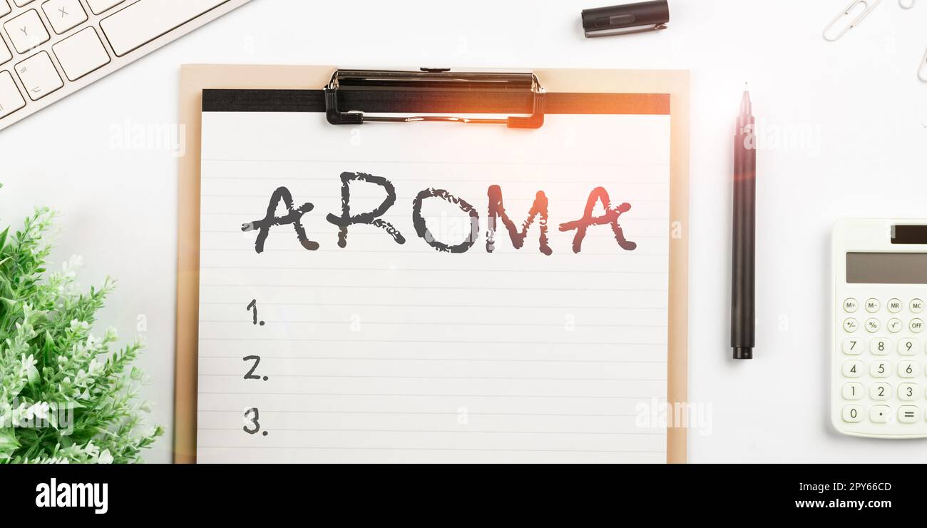 Scrittura visualizzazione testo Aroma. Concetto che significa Un odore caratteristico tipicamente piacevole sottile pervasiva atmosfera Foto Stock