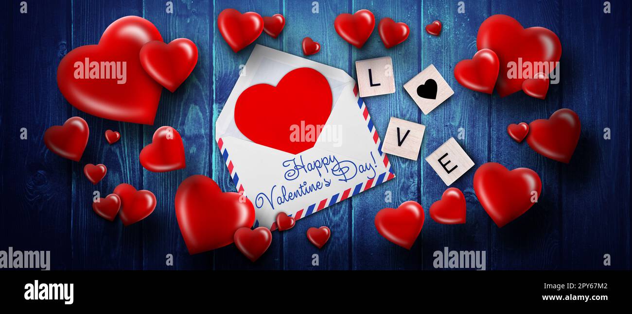 Concetto di San Valentino. Decorazione per le vacanze. Cuore e lettera d'amore. Foto Stock