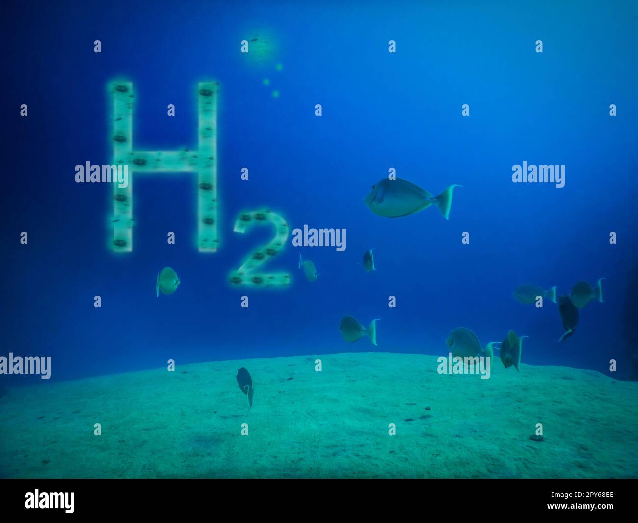 Illustrazione P3D energia h2 idrogeno puro su verdi colline sabbiose sul fondo marino con pesci in acqua blu Foto Stock