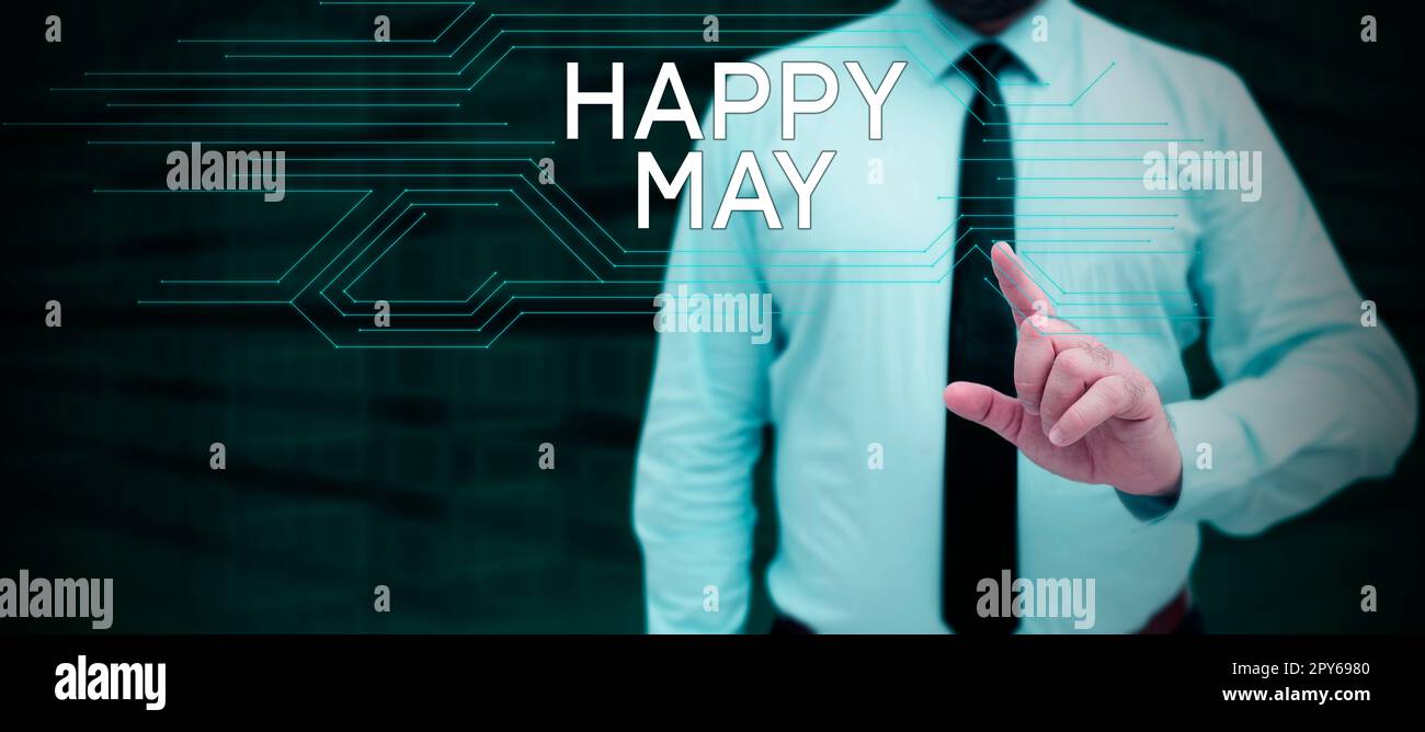 Cartello che mostra Happy May. Word for Happy New Month i migliori auguri Fresh inizia a festeggiare le vacanze Foto Stock