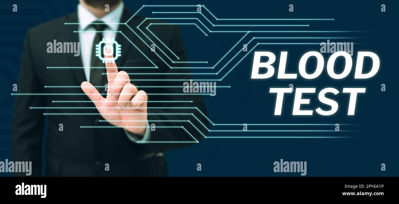 Intestazione concettuale Blood Test. Parola per campione di sangue estratto da un organismo per eseguire un'analisi di laboratorio Foto Stock