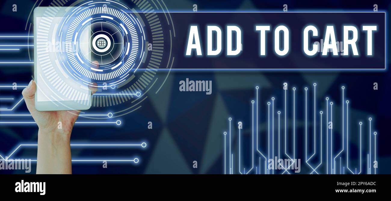 Didascalia di testo con aggiunta al carrello. Business idea Acquisto online e-commerce tecnologie moderne per l'acquisto Foto Stock