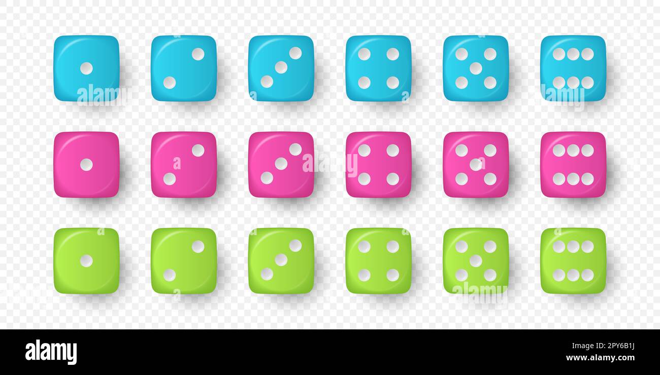 Vector 3D realistico gioco icona di dadi blu, rosa e verde closeup isolato su sfondo bianco. Cubi di gioco per il gioco d'azzardo, dadi di casinò da uno a si Foto Stock Vector 3D realistico gioco icona di dadi blu, rosa e verde closeup isolato su sfondo bianco. Cubi di gioco per il gioco d'azzardo, dadi di casinò da uno a si Foto Stock