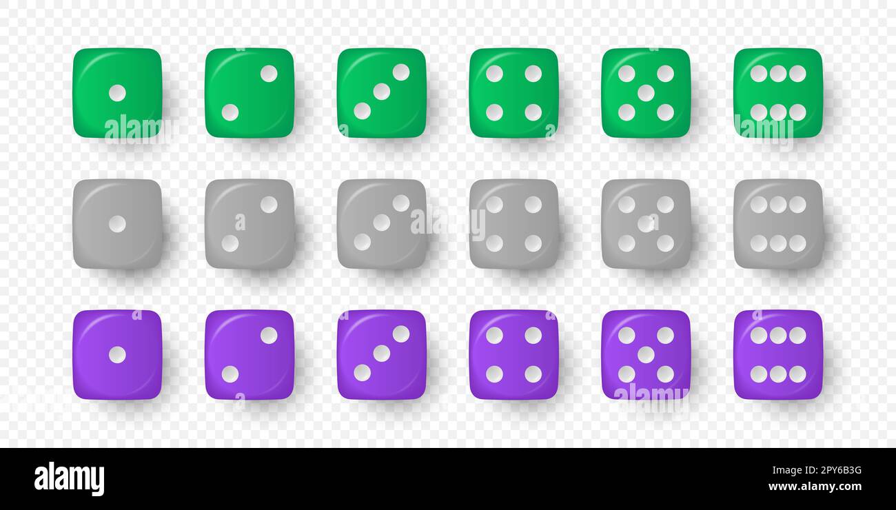 Vettore 3D realistico gioco verde, grigio e viola icona di dadi Set closeup isolato su sfondo bianco. Cubi di gioco per il gioco d'azzardo, dadi di casinò da uno a. Foto Stock Vettore 3D realistico gioco verde, grigio e viola icona di dadi Set closeup isolato su sfondo bianco. Cubi di gioco per il gioco d'azzardo, dadi di casinò da uno a. Foto Stock