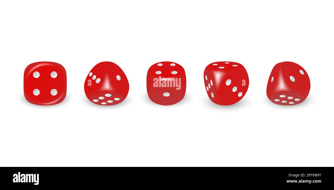 Vector 3D realistico gioco rosso dadi con punti bianchi icone Set Closeup isolato su sfondo bianco. Cubi di gioco per giocare in diverse posizioni, Casin Foto Stock Vector 3D realistico gioco rosso dadi con punti bianchi icone Set Closeup isolato su sfondo bianco. Cubi di gioco per giocare in diverse posizioni, Casin Foto Stock