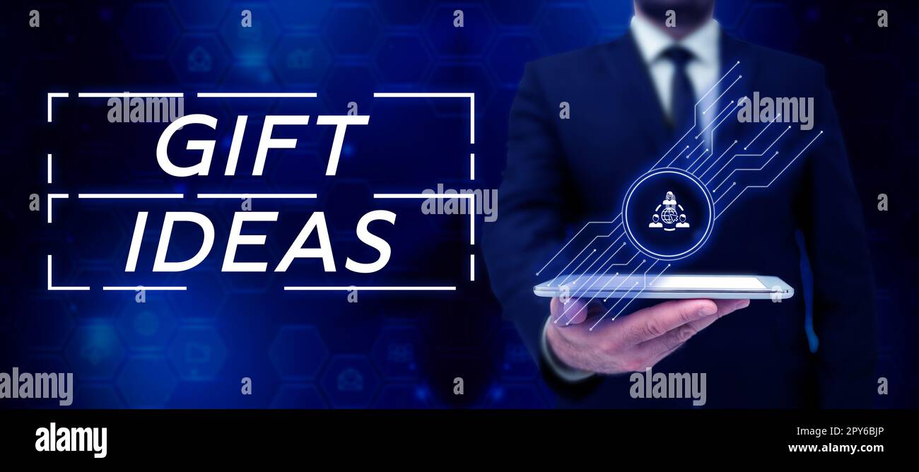 Idee regalo di segno di scrittura della mano. Business concept un pensiero o un suggerimento per dare un regalo a qualcuno Foto Stock