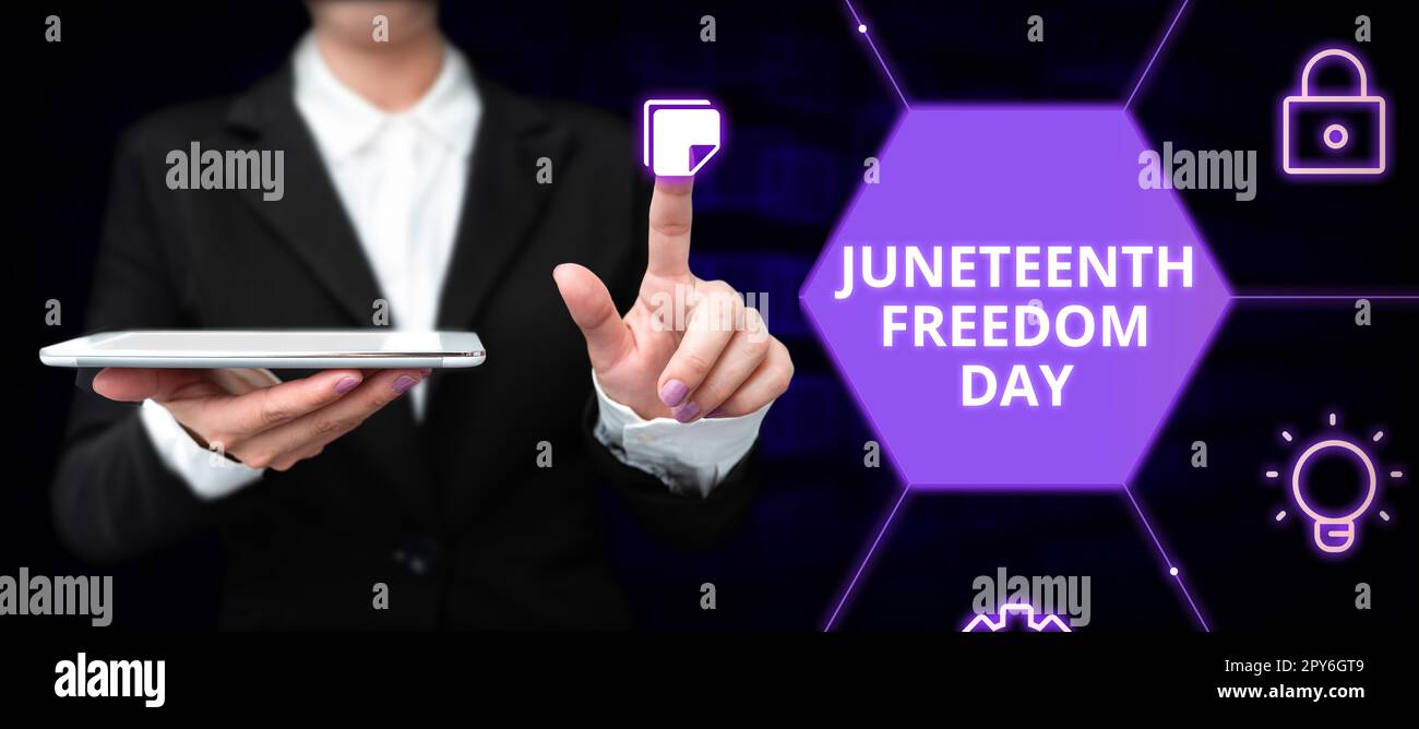 Didascalia di testo che presenta il Junetseenth Freedom Day. Vetrina di affari vacanza legale negli Stati Uniti in commemorazione della fine della schiavitù Foto Stock