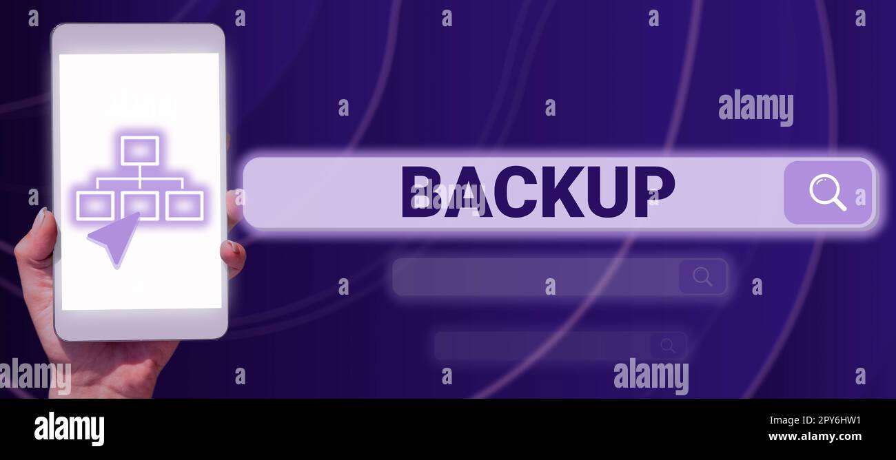 Scrittura visualizzazione testo Backup. Copia concettuale su Internet del file o di altri dati dell'elemento eseguita nel caso in cui l'originale venga perso danneggiato Foto Stock