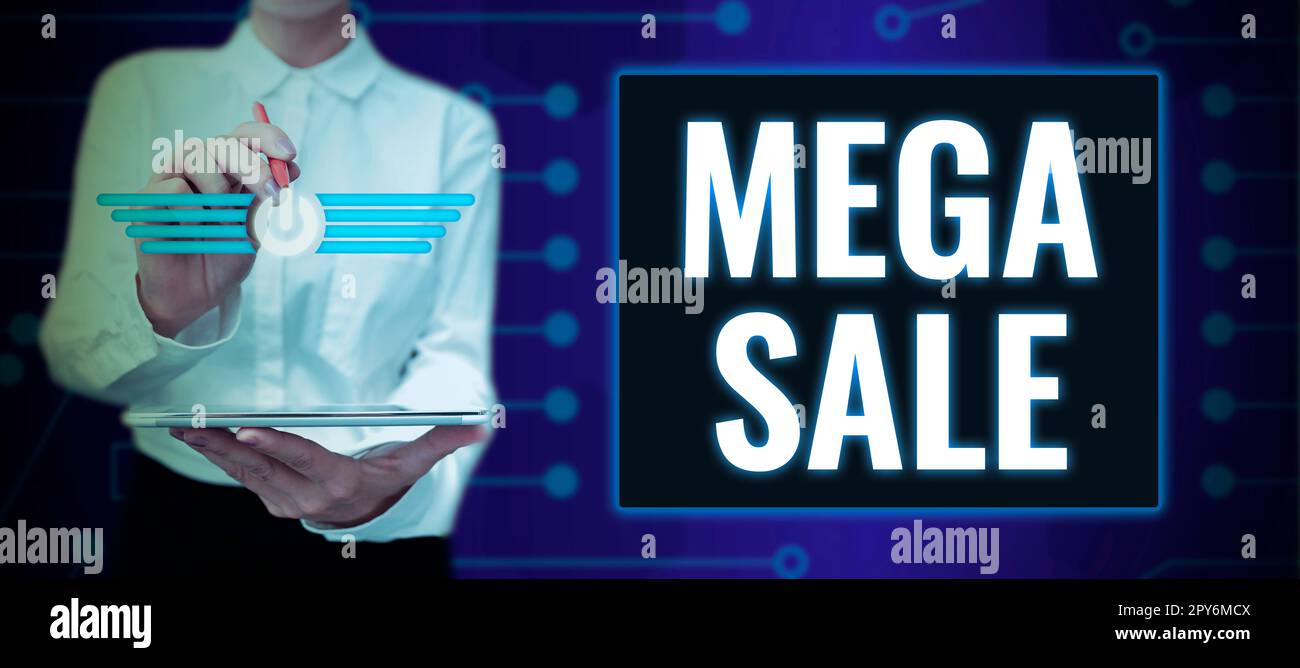 Didascalia di testo che presenta Mega sale. Parola per il giorno pieno di offerte speciali di shopping e sconti pesanti Foto Stock