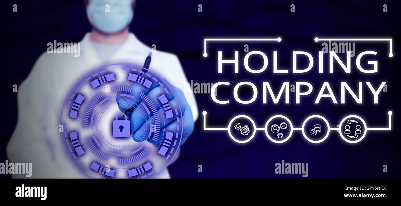 Società di holding di didascalie concettuali. Parola per la proprietà delle azioni e altre attività finanziarie in possesso di qualcuno Foto Stock