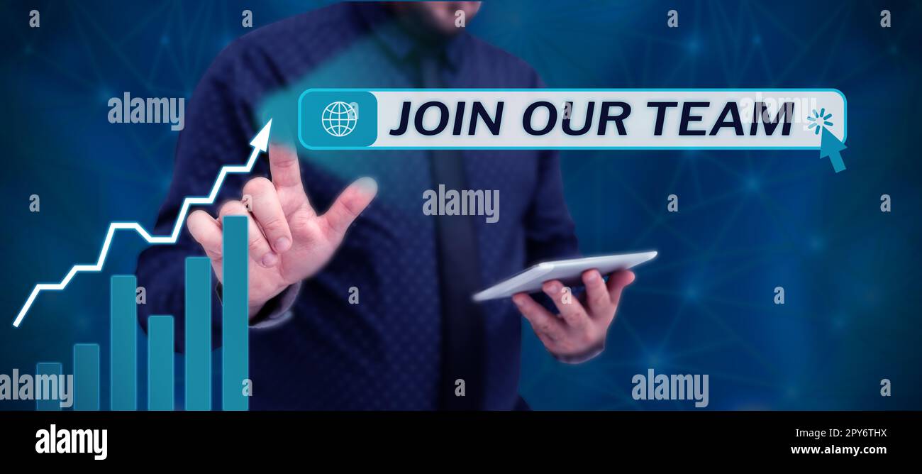 Didascalia concettuale Unisciti al nostro team. Approccio aziendale associato alleato collabora con noi nuovo dipendente assunto arruolato Foto Stock