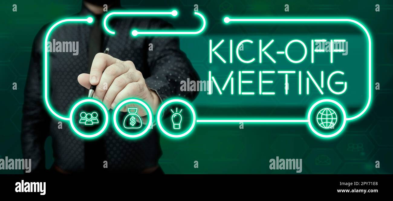 Testo scritto a mano incontro di kick off. Internet Concept primo incontro con il team di progetto e il cliente Foto Stock