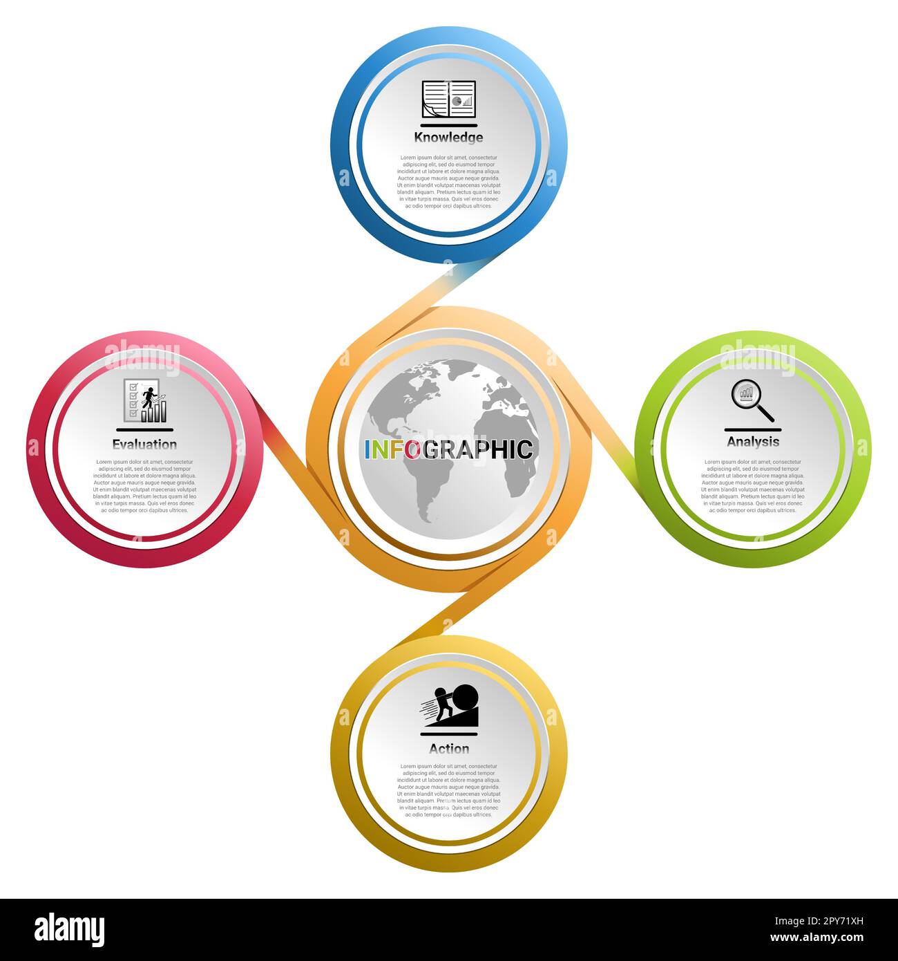 infografica vettoriale di un cerchio. cinque parti cerchiano i progetti di base con l'icona del globo al centro. e ci sono anche parti che collegano il cerchio esterno Illustrazione Vettoriale