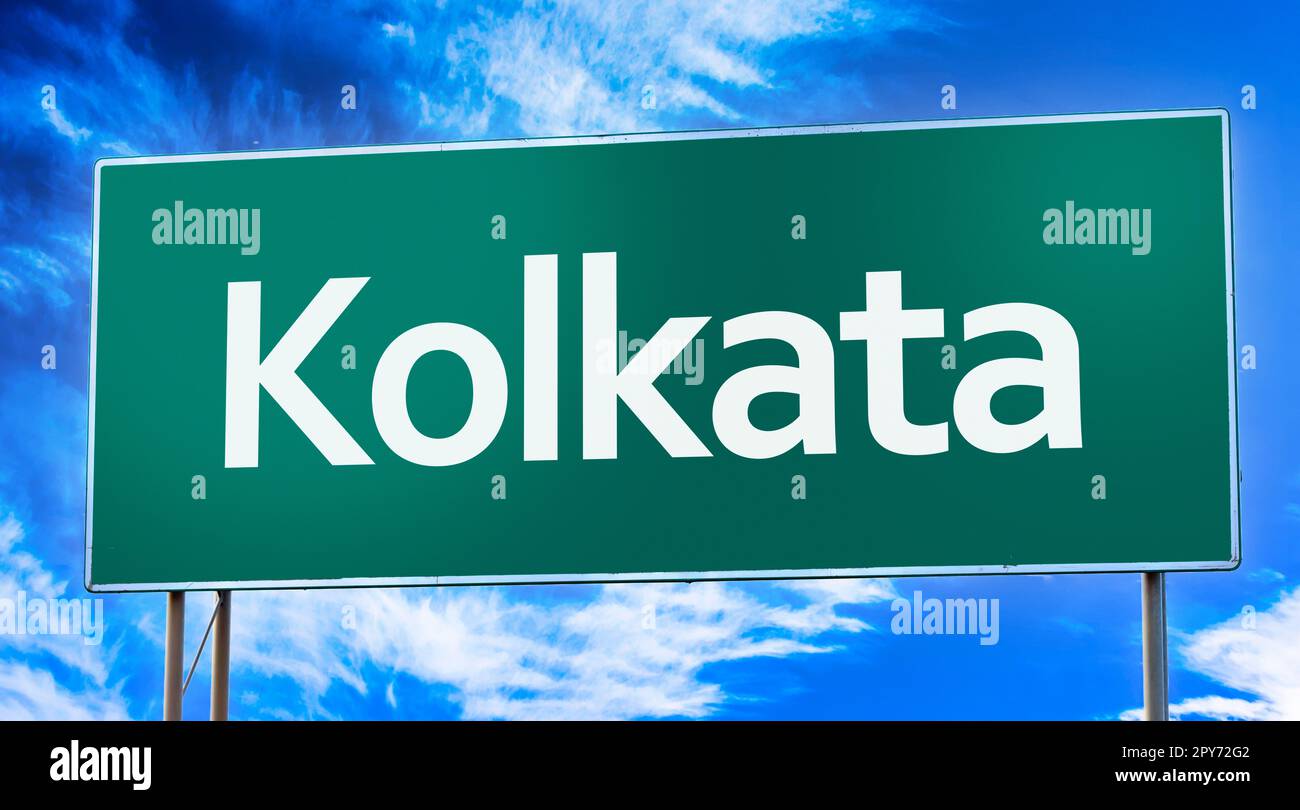 Cartello stradale che informa dell'ingresso alla città di Calcutta Foto Stock