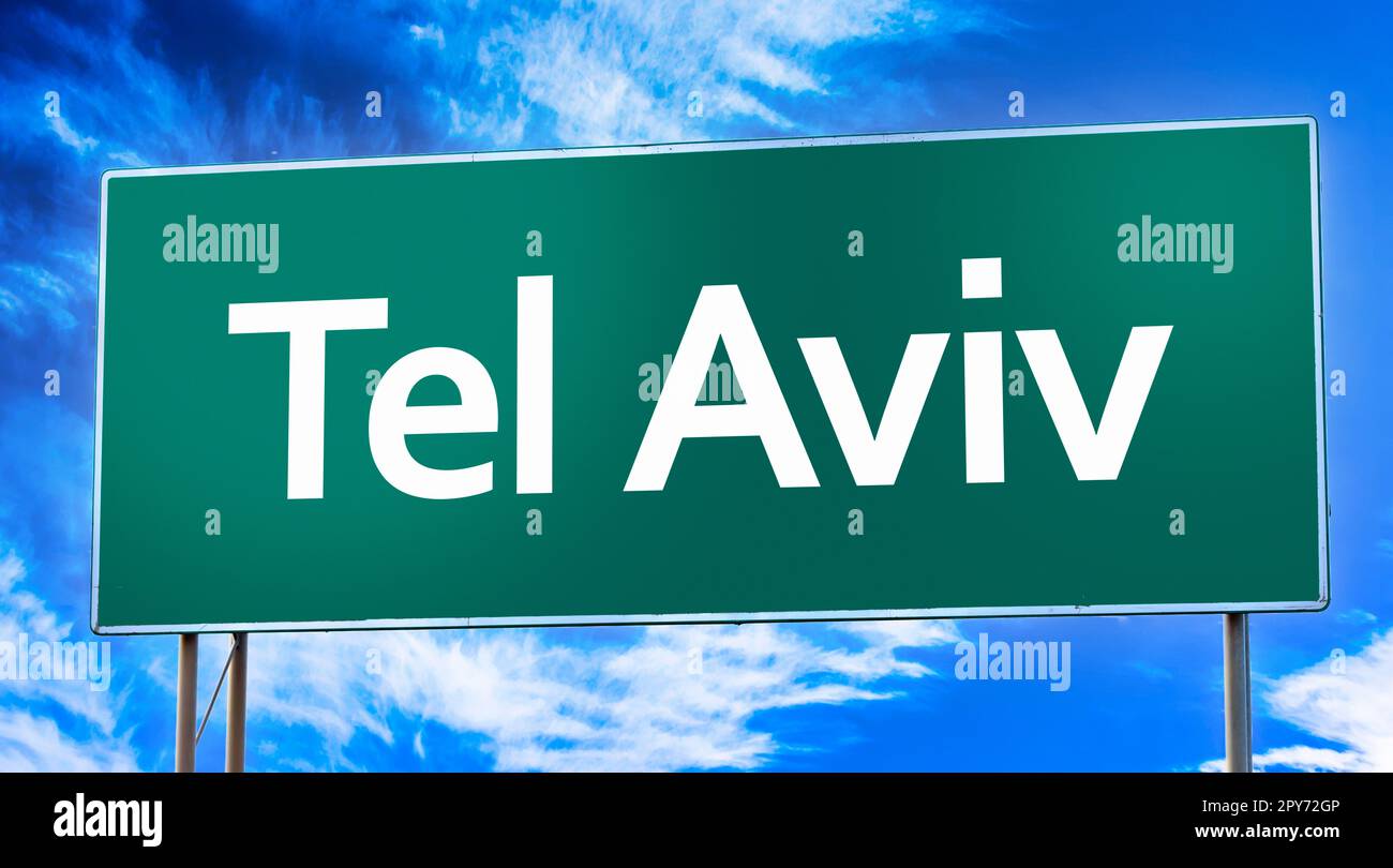 Cartello stradale che informa dell'ingresso alla città di Tel Aviv Foto Stock
