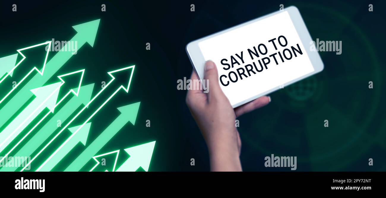 Segno che mostra dire No alla corruzione. Panoramica aziendale introduzione di uno scambio di denaro decentralizzato Foto Stock
