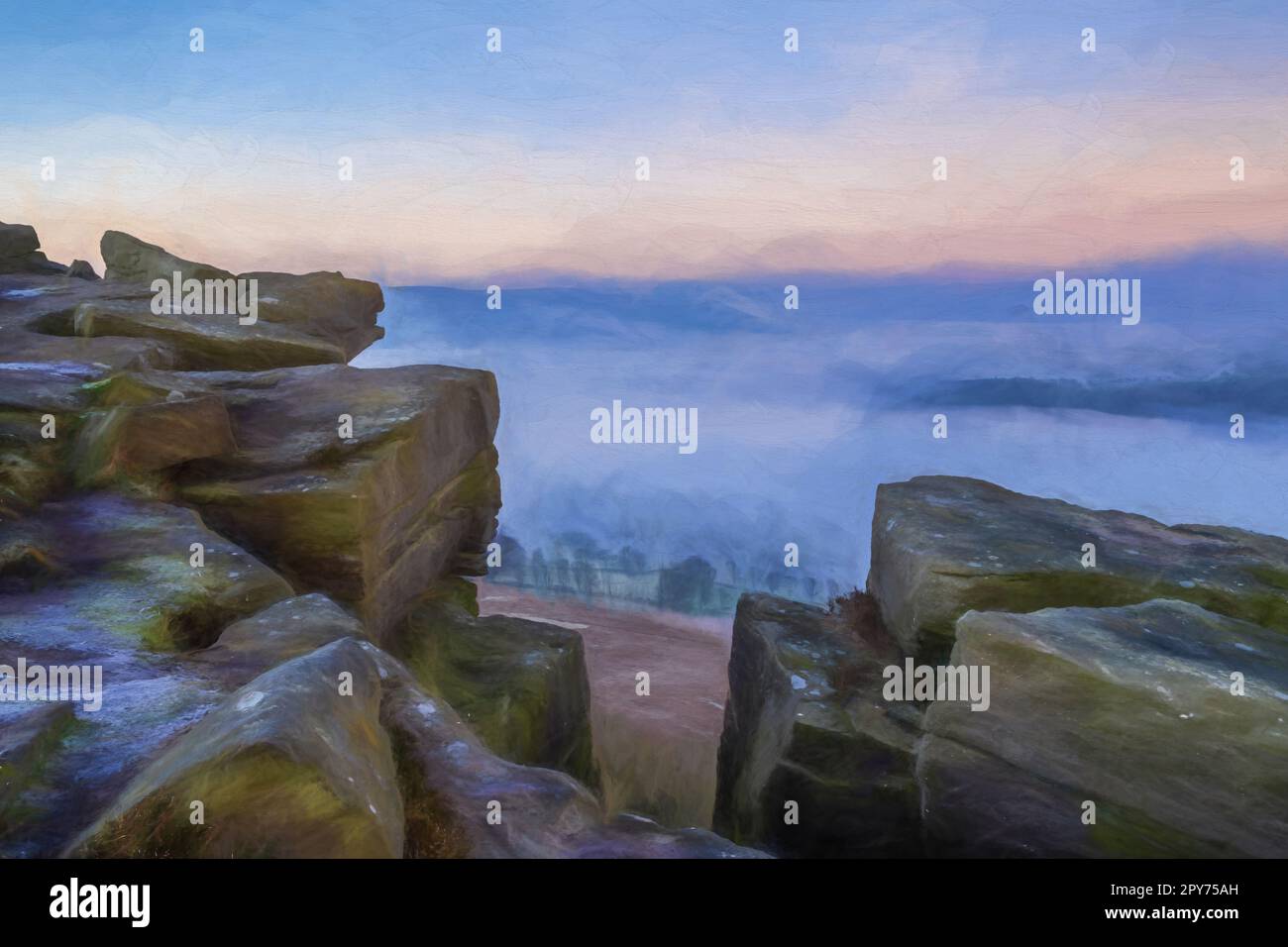 Bamford Edge. Ladybower e Hope Valley. Pittura digitale ad olio di un'inversione di temperatura dell'alba invernale nel Parco Nazionale del Peak District, Inghilterra, Foto Stock