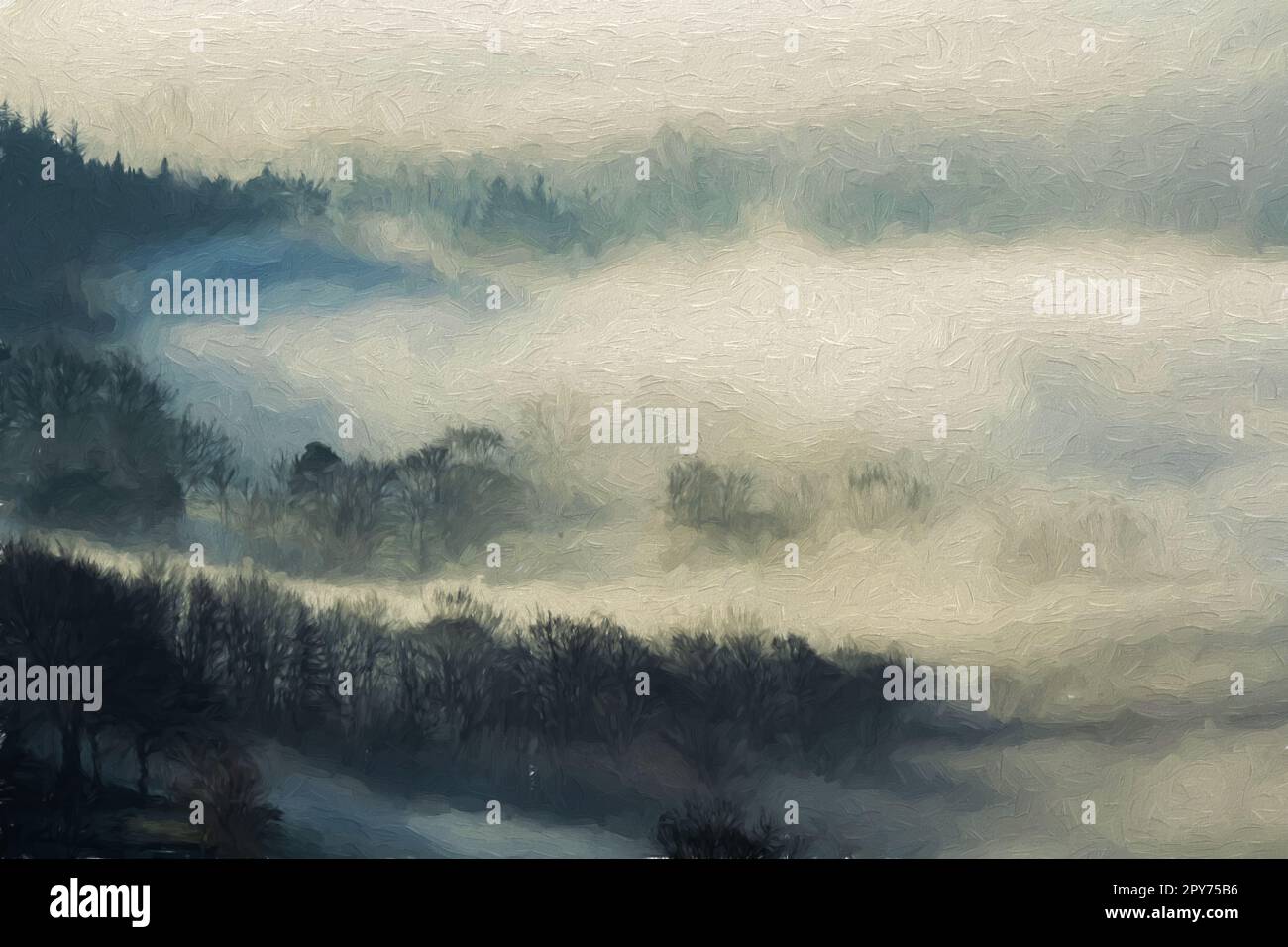 Alberi, e nebbia pittura digitale a olio di un paesaggio Bamford Edge vignetta durante un inverno alba temperatura inversione nel Peak District National P Foto Stock