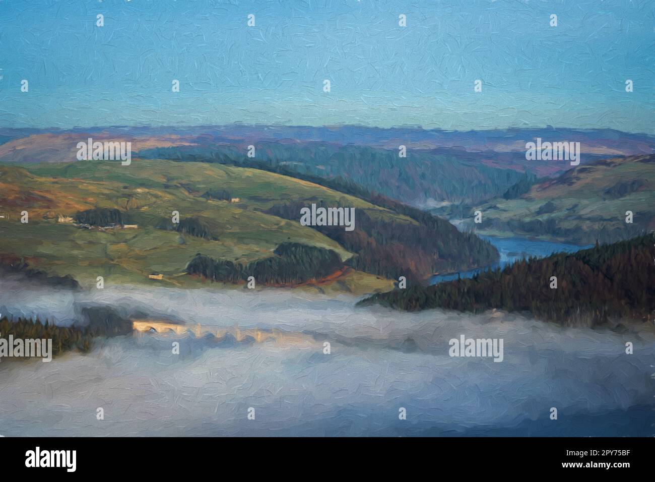 Bamford Edge. Ladybower e Hope Valley. Pittura digitale ad olio di un'inversione di temperatura dell'alba invernale nel Parco Nazionale del Peak District, Inghilterra, Foto Stock