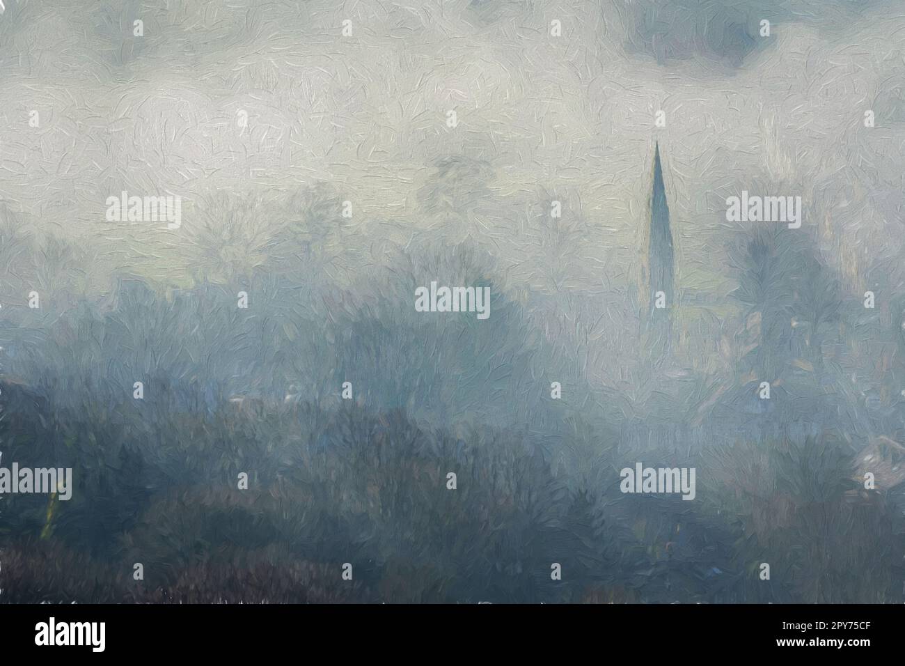 Alberi, e nebbia pittura digitale a olio di un paesaggio Bamford Edge vignetta durante un inverno alba temperatura inversione nel Peak District National P Foto Stock