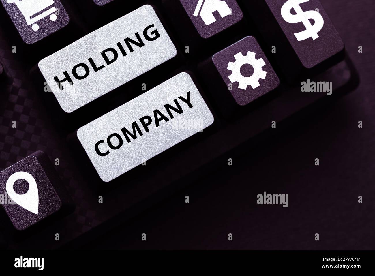 Mostra il cartello Holding Company. Parola per la proprietà delle azioni e altre attività finanziarie in possesso di qualcuno Foto Stock