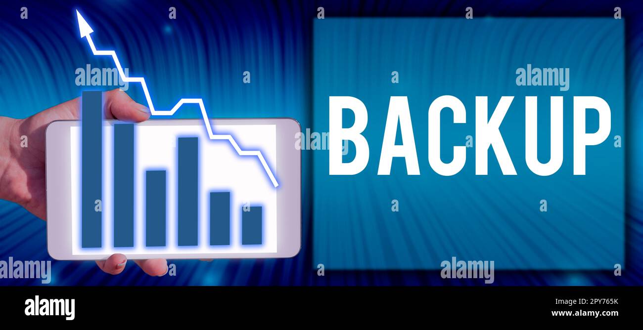 Backup delle didascalie concettuali. La copia di idea di business del file o di altri dati dell'elemento è fatta nel caso in cui l'originale sia perso danneggiato Foto Stock