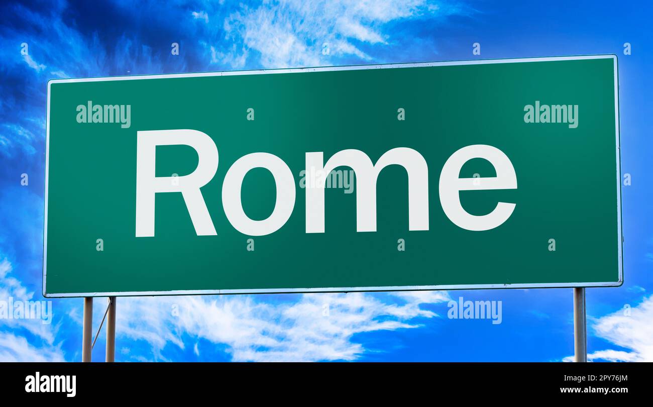 Cartello segnaletico dell'ingresso alla città di Roma Foto Stock