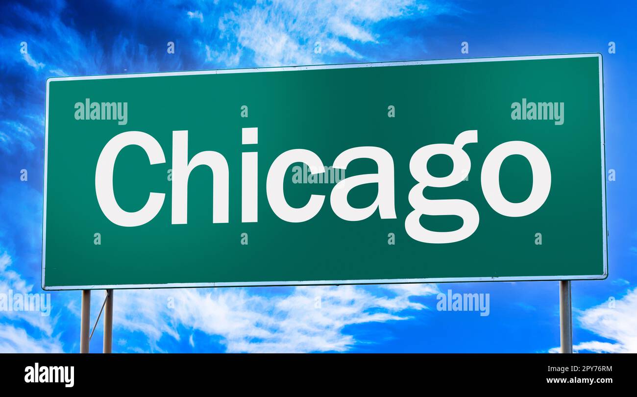 Cartello stradale che informa dell'ingresso alla città di Chicago Foto Stock