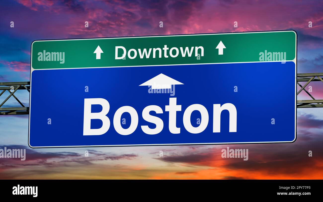 Segnale stradale che indica le indicazioni per la città di Boston Foto Stock