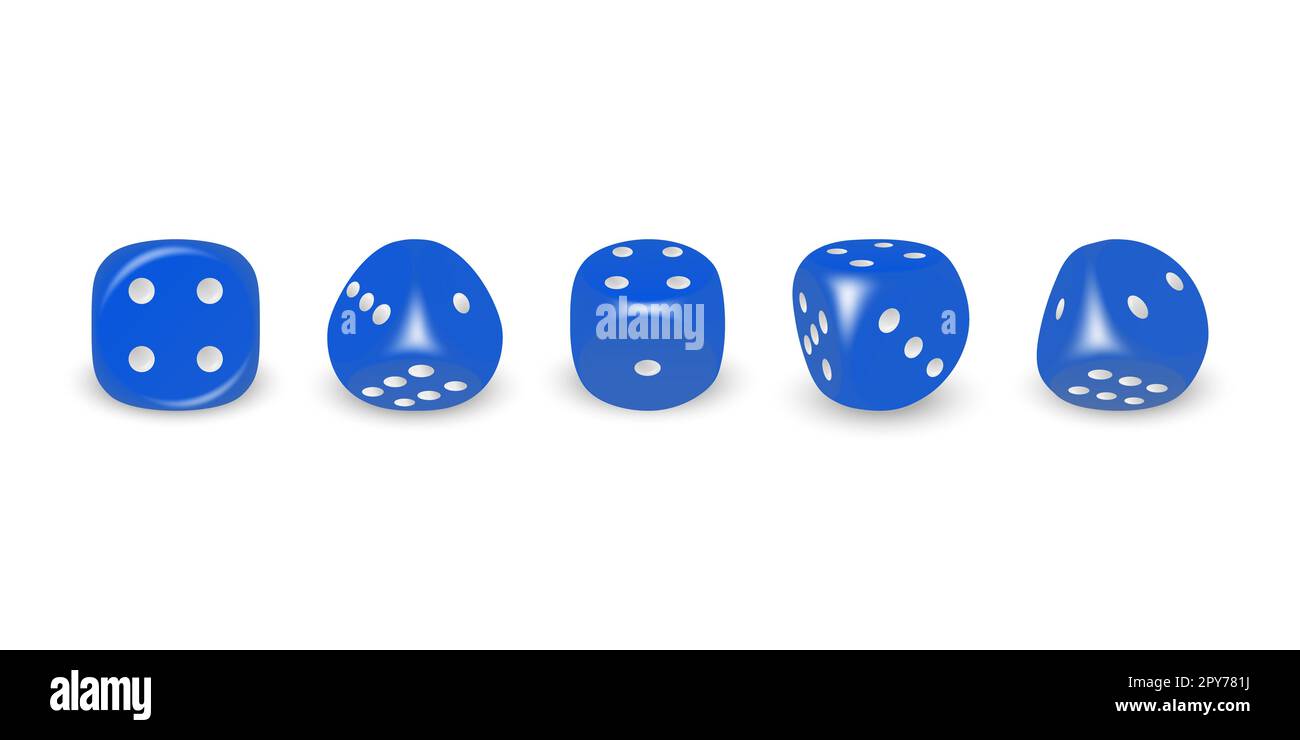 Vector 3D realistico gioco blu dadi con punti bianchi icone Set closeup isolato su sfondo bianco. Cubi di gioco per giocare in diverse posizioni, casi Foto Stock Vector 3D realistico gioco blu dadi con punti bianchi icone Set closeup isolato su sfondo bianco. Cubi di gioco per giocare in diverse posizioni, casi Foto Stock
