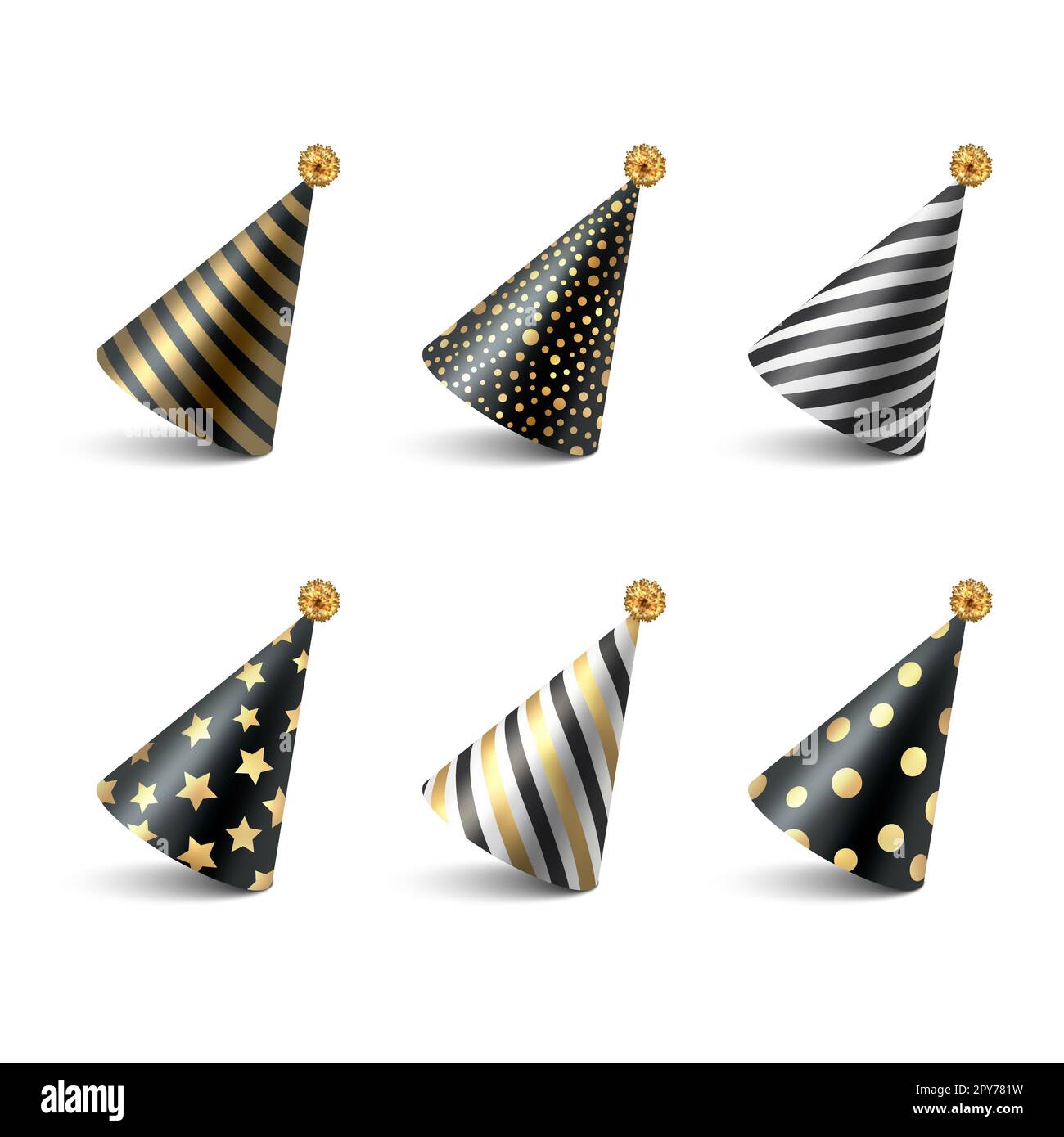 Vector 3D realistic Black and Golden Birthday Party Hat Icon set isolato su  sfondo bianco. Modello