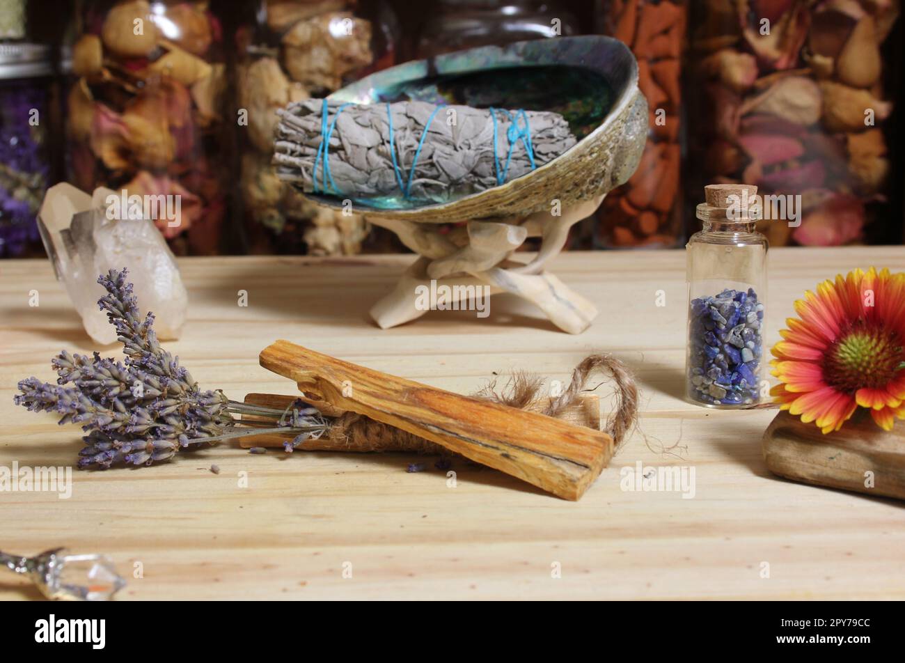 Lavanda essiccata con legno Palo Santo e guscio di Abalone per il rituale  delle macchie Foto stock - Alamy