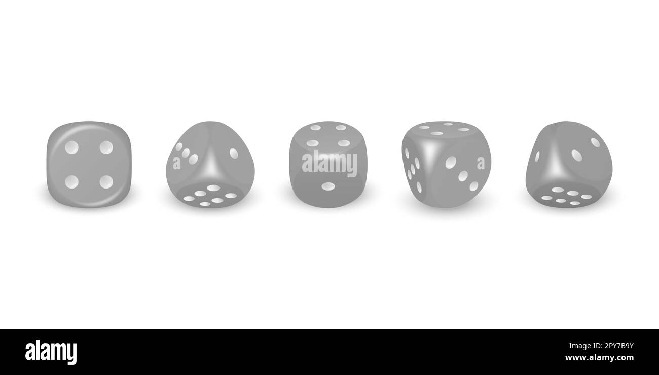 Vector 3D realistico gioco grigio dadi con punti bianchi icone Set closeup isolato su sfondo bianco. Cubi di gioco per giocare in diverse posizioni, casi Foto Stock Vector 3D realistico gioco grigio dadi con punti bianchi icone Set closeup isolato su sfondo bianco. Cubi di gioco per giocare in diverse posizioni, casi Foto Stock