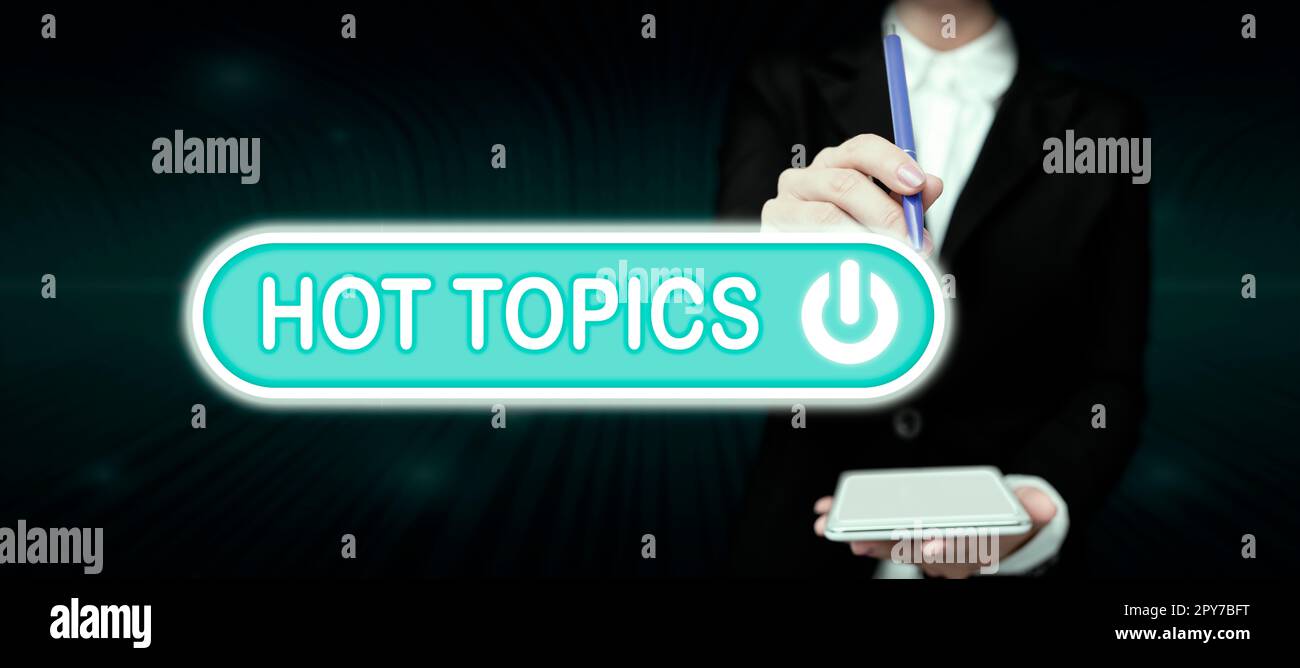 Testo che mostra gli argomenti principali di ispirazione. Argomento del concetto del Internet che la gente molto sta discutendo e discutendo Foto Stock