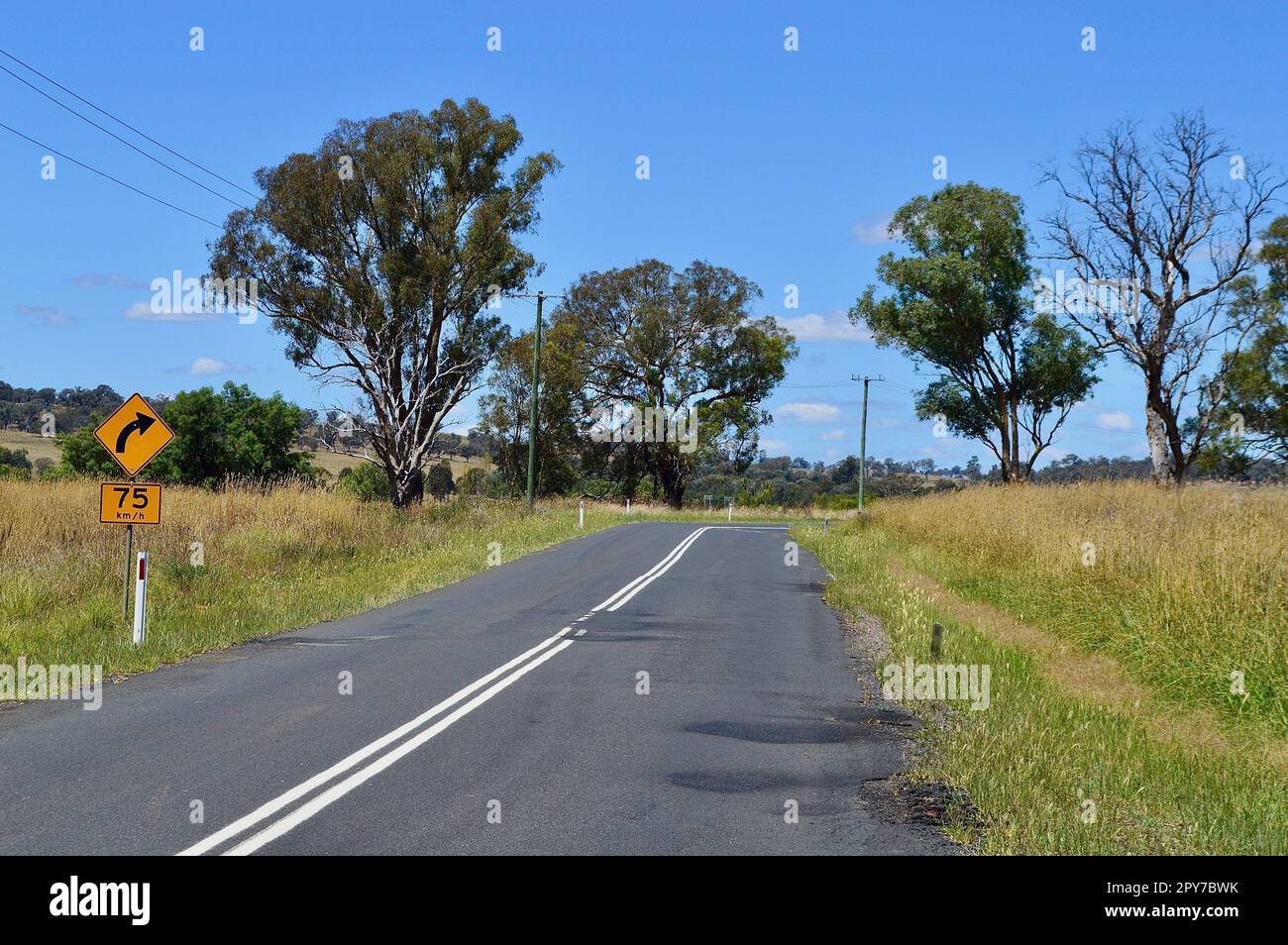 Una vista lungo la Banjo Paterson Way in un pomeriggio di sole Foto Stock