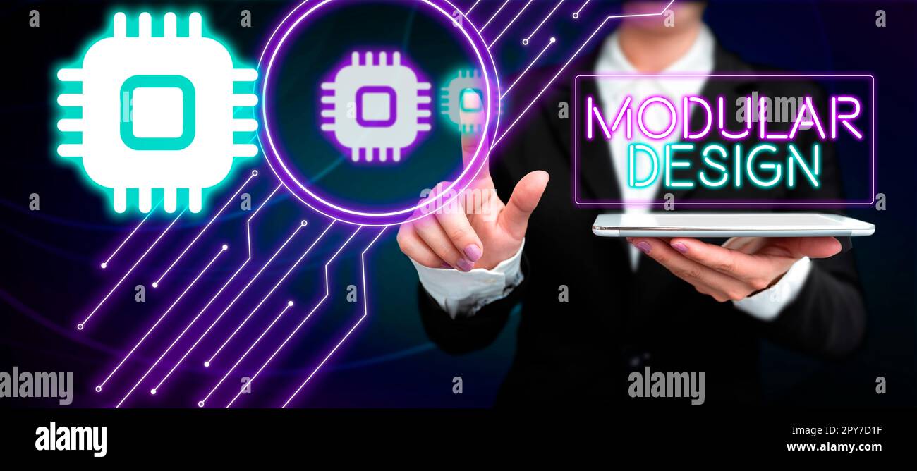 Visualizzazione concettuale Design modulare. Parola per la progettazione di prodotti per la produzione di prodotti mediante l'integrazione o la combinazione di parti indipendenti Foto Stock