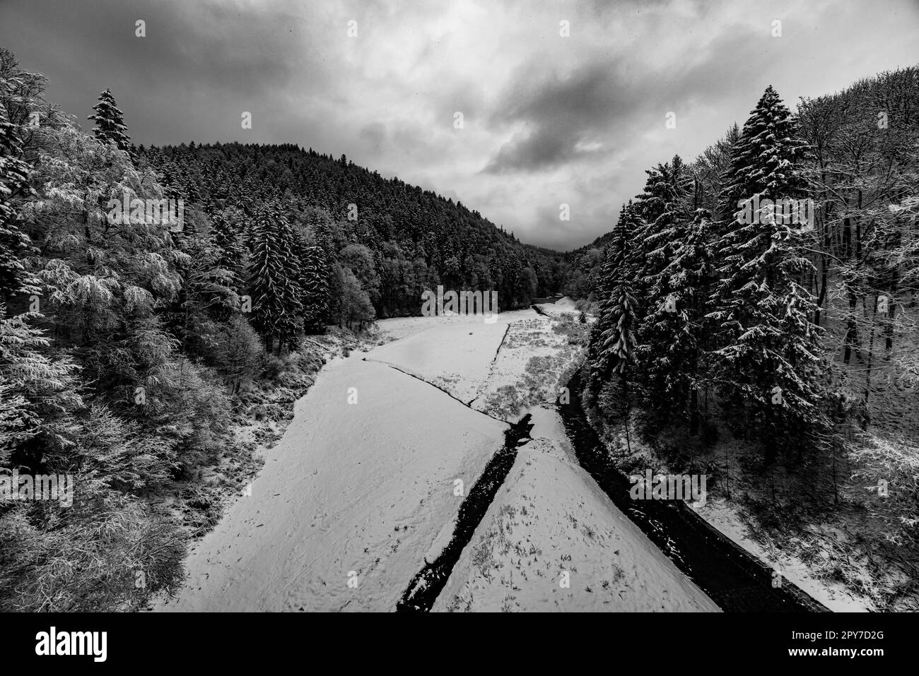 fiume ghiacciato tra la foresta innevata in montagna Foto Stock