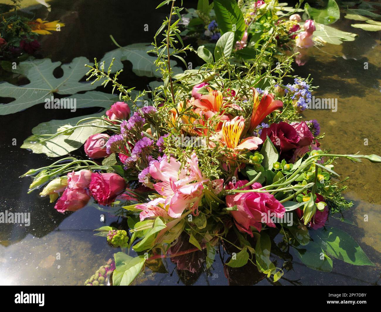 rose rosa e rosse in un bouquet galleggiante nell'acqua di uno stagno. Boccioli a pizzico come decorazione per una vacanza estiva. Ivan Kupala, solstizio d'estate. Festival del raccolto. Foto Stock