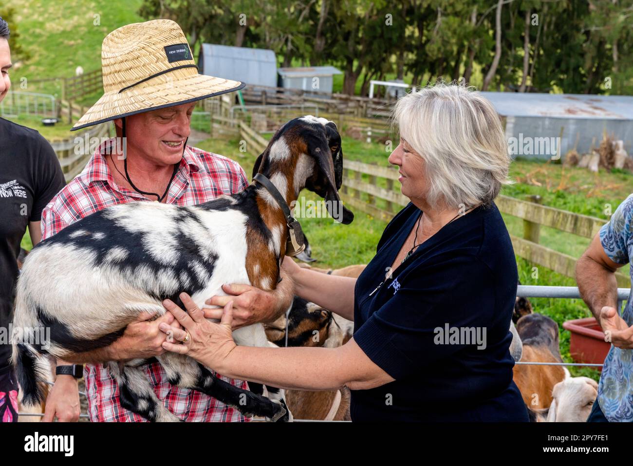 David e Jennifer Rodrigue proprietari della Belle Chevre Creamery Farm Holding A Goat, Waipu, North Island, Nuova Zelanda. Foto Stock