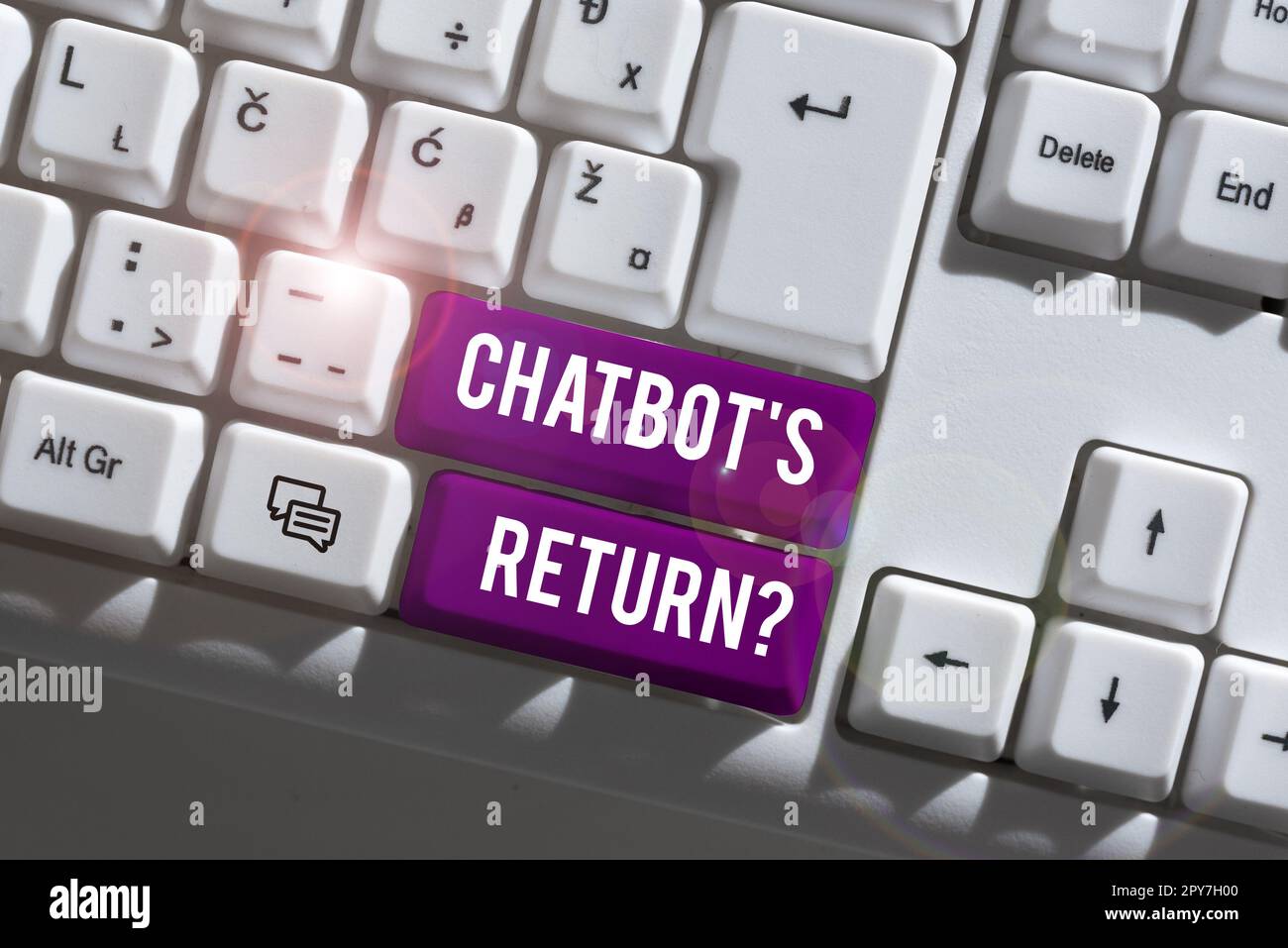Ritorno del chatbot di testo scritto a mano. Il programma di panoramica aziendale che comunica utilizza l'interfaccia di testo e l'intelligenza artificiale Foto Stock